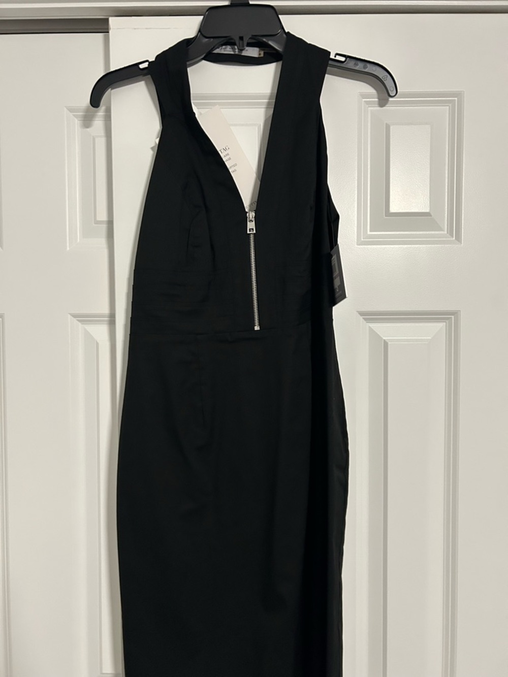 Andrew Marc Black V-Neck Zip-Front Midi Sheath Dress with Silver Zip